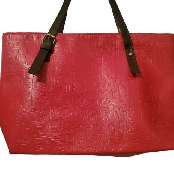 Pink Embossed Large Tote Bag With Faux Leather Brown Straps Gold Hardware - Picture 4 of 5